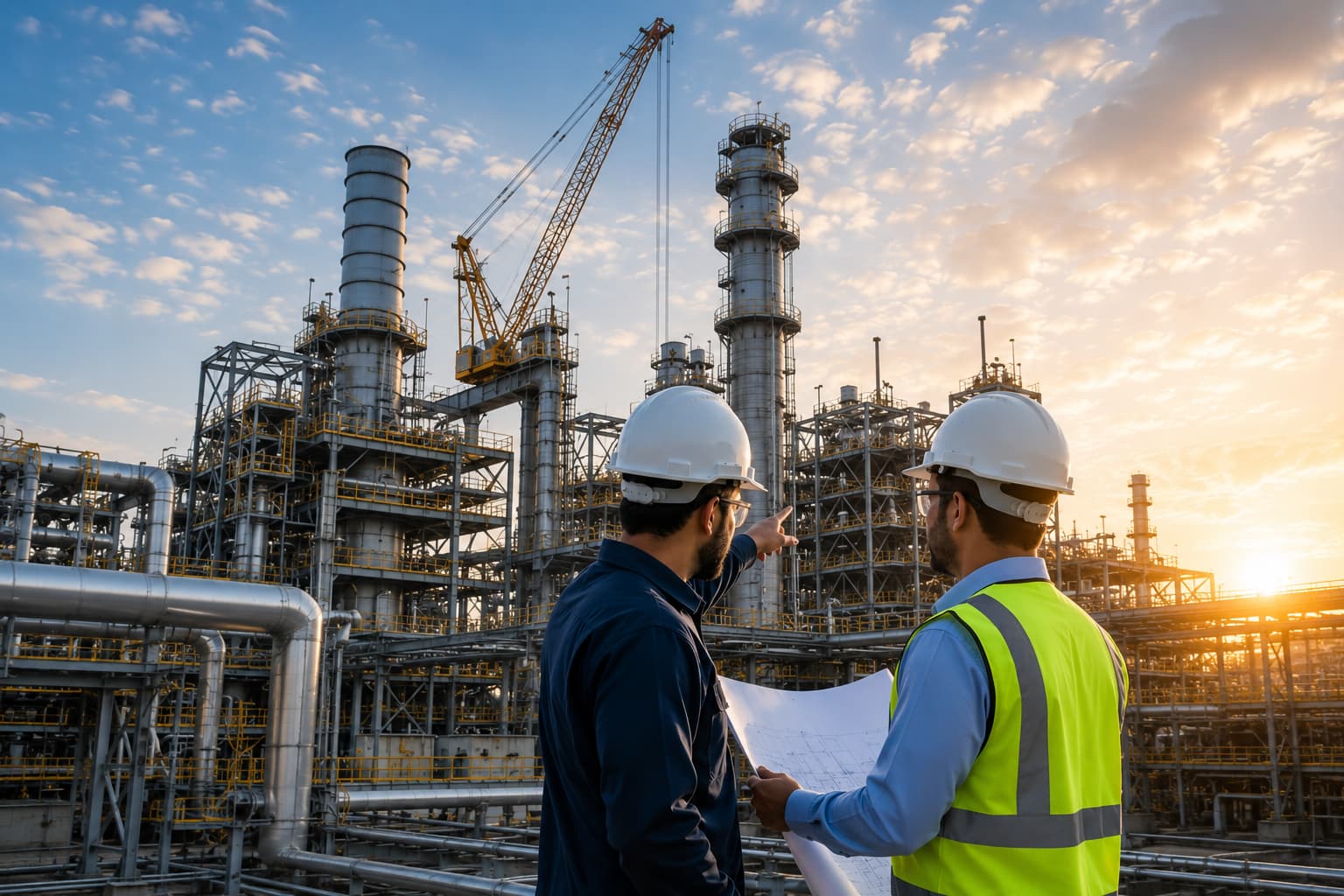 Engineers discussing blueprints on construction site