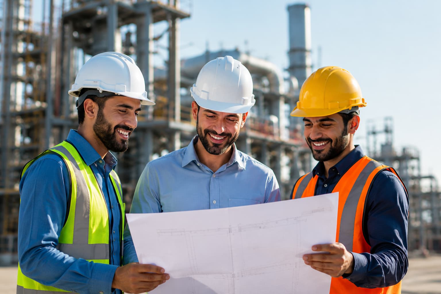 Construction engineers examining site framework